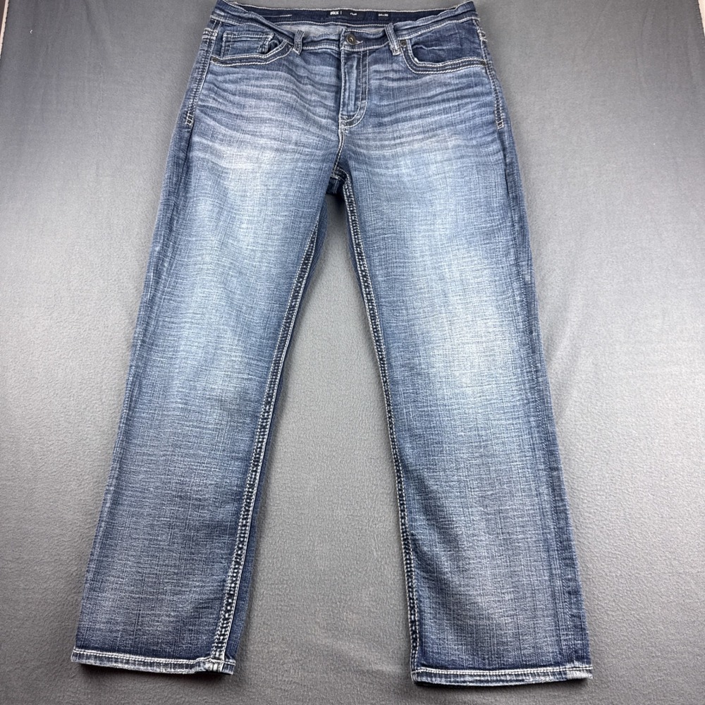 BKE Tyler Jeans Mens 34x30 (Fit 35x30) Blue Straight Leg Distressed Thick Stitch